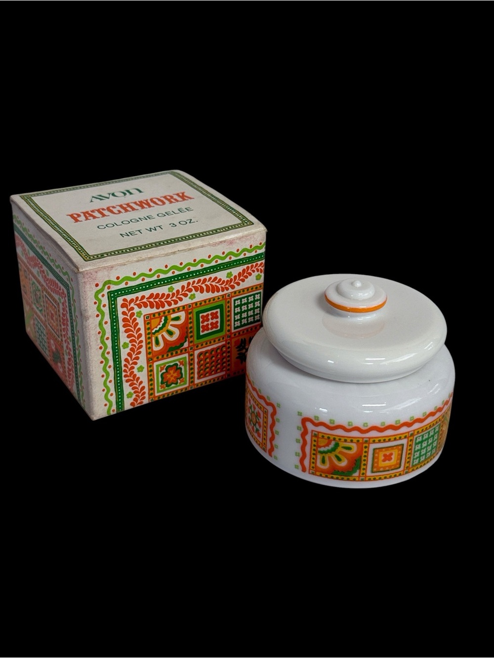 Vintage 70’s Avon  Patchwork Ceramic Cologne White Milk Glass Jar in Box